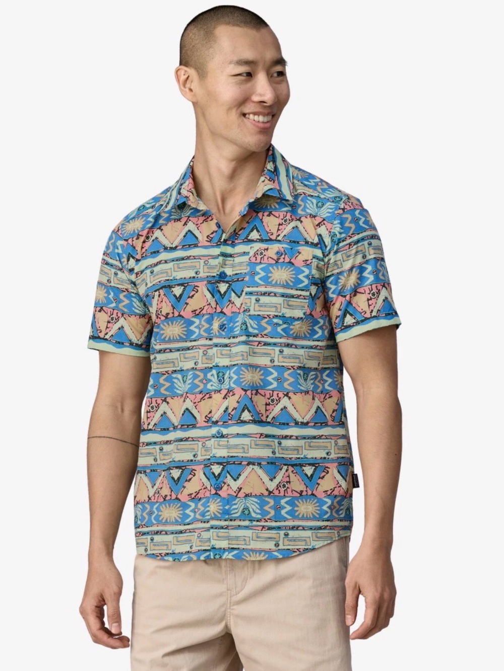 Patagonia Short Sleeve Button-Down Shirt in Blue and Pink Geo Print